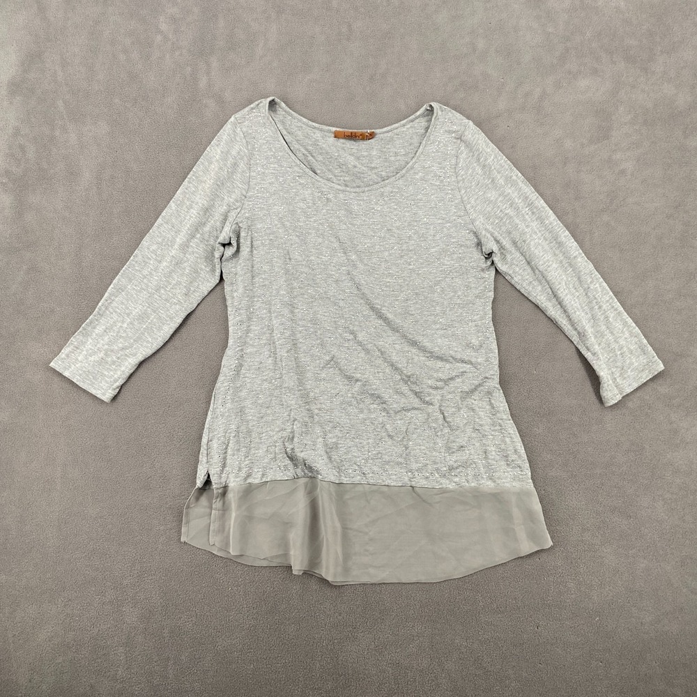 Belldini Top Womens Small Heather Gray Viscose Stretch Round Neck Side Slit